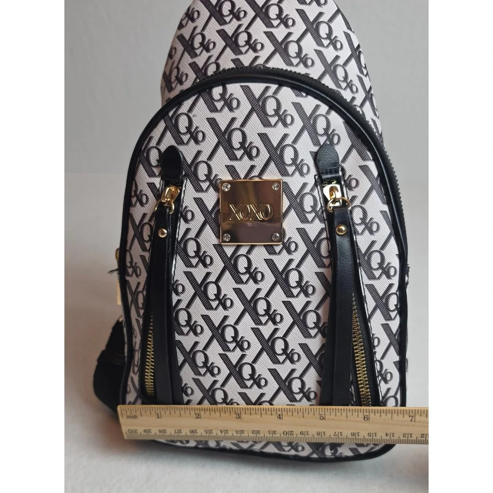 XOXO Monogram Sling Backpack Black White Gold Tone Logo Adjustable Strap NWT